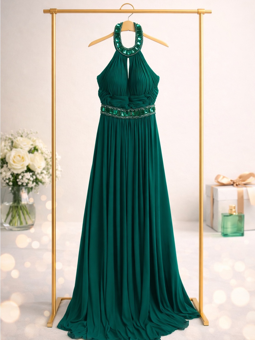 Madeline Emerald Green Halter Maxi Gown with Beaded Waist